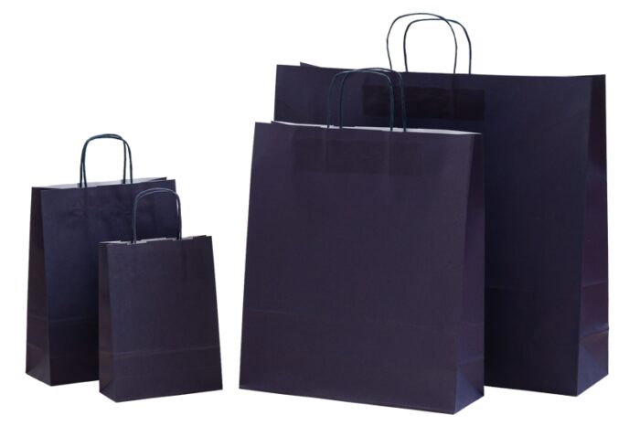 dunkelblaue Papiertragetaschen mit Papierkordeln in vier Abmessungen Modell Fashion
