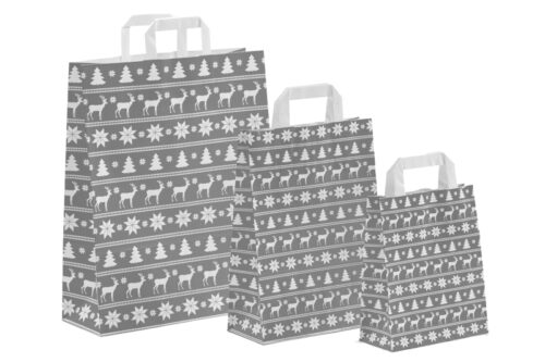tausendtypentragetaschen drei verschieden große weiße Papiertaschen mit grauem Norweger-Motiv und Flachhenkeln für Weihnachten