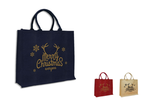 Gruppe aus drei Jute-Taschen mit Weihnachtsmotiv, Taschen in den Farben rot, blau und natur Merry Christmas bei tausendtypentragetaschen