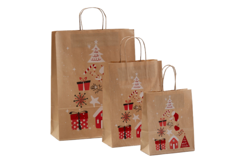 Weihnachtstaschen Gruppe Papiertasche Winter Weihnacht aus braunem Kraftpapier mit 3-farbigem Motiv, Tannenbaum aus verschiedenen Weihnachtselementen wie Kugel, Geschenk und Baumbehang bei tausendtypentragetschen