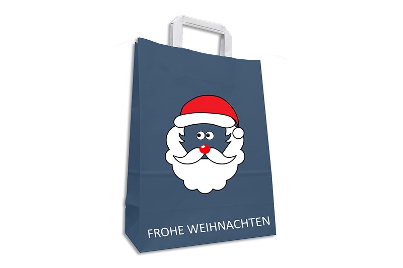 grau blaue Papiertasche mit Flachhenkeln und Weihnachtsmotiv, Kopf von Santa Claus mit Rauschebart in weiß und roter Mütze